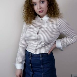 Striped, cropped button-up with gold detail button